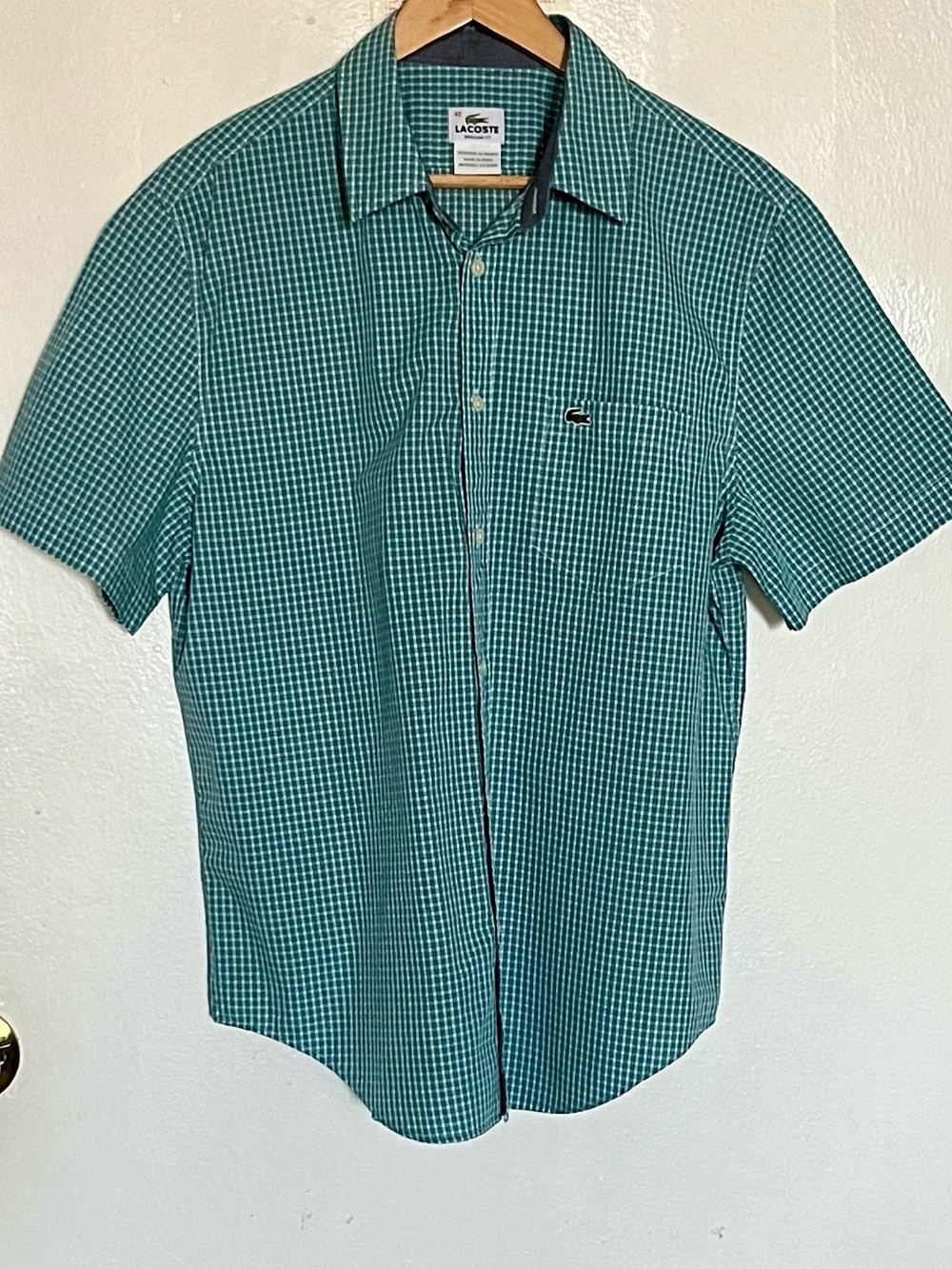 Lacoste Men’s Short-Sleeve Teal Green  Button-Down Shirt size 42